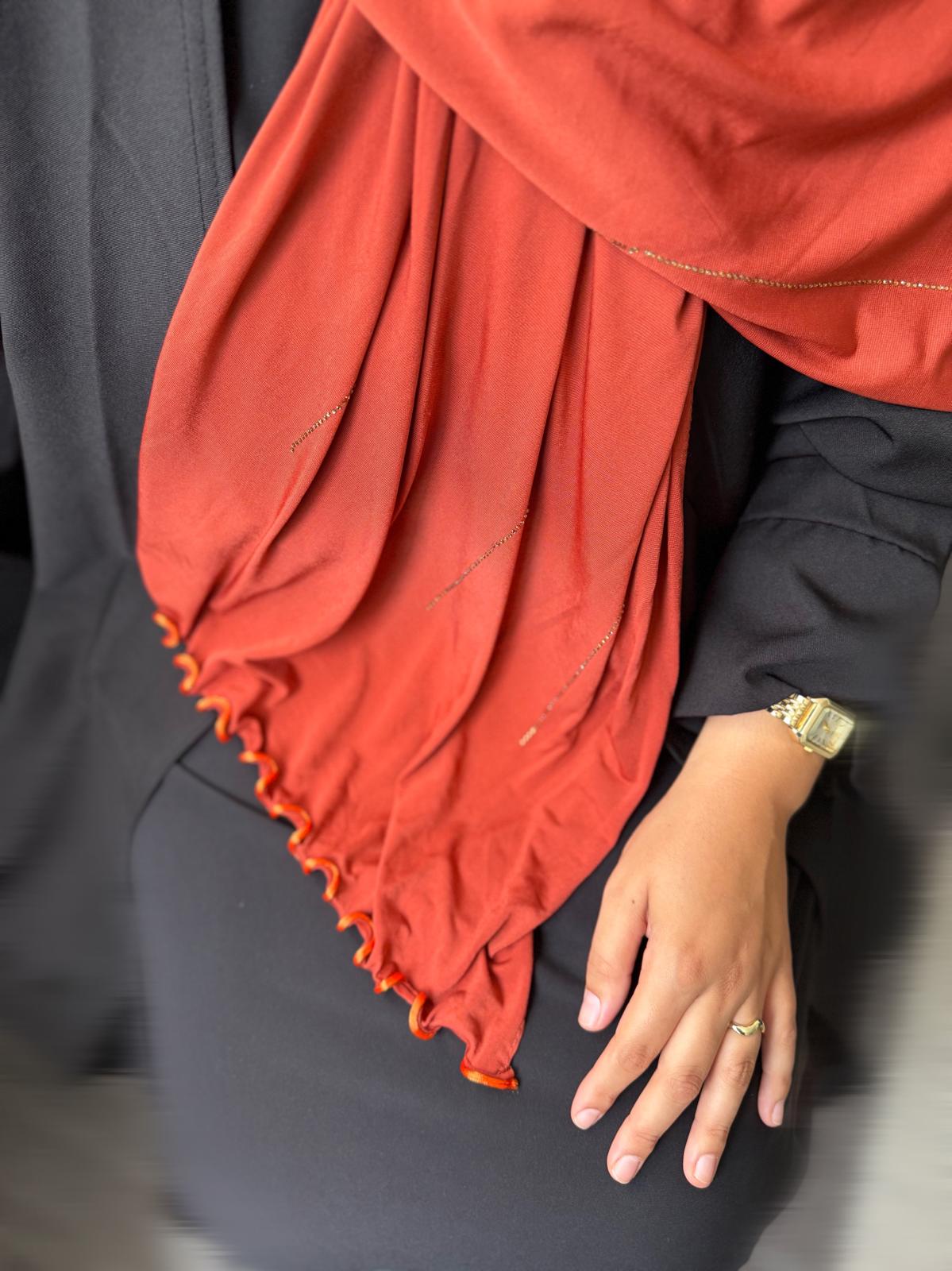 VOILE JERSEY PREMIUM FRISÉE À STRASS NAHID - ORANGE BRIQUE